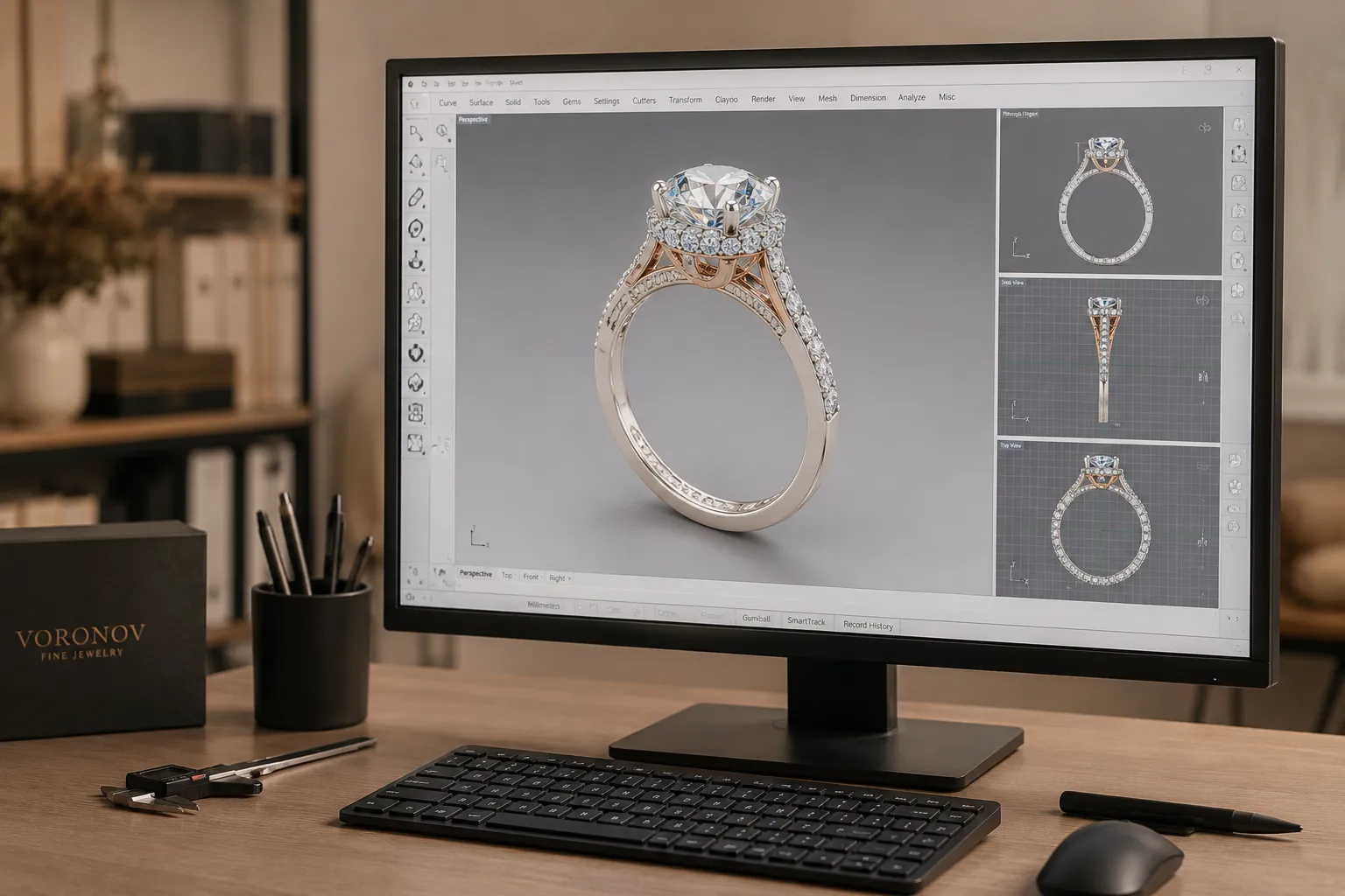 3D CAD model of a custom ring on a designer's screen