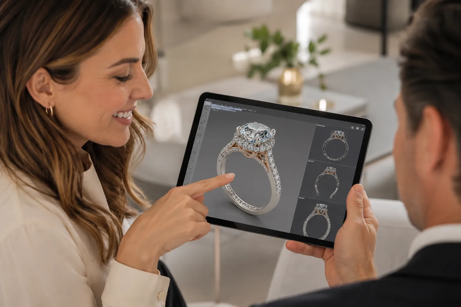 Client giving final approval on a tablet showing a jewelry CAD rendering