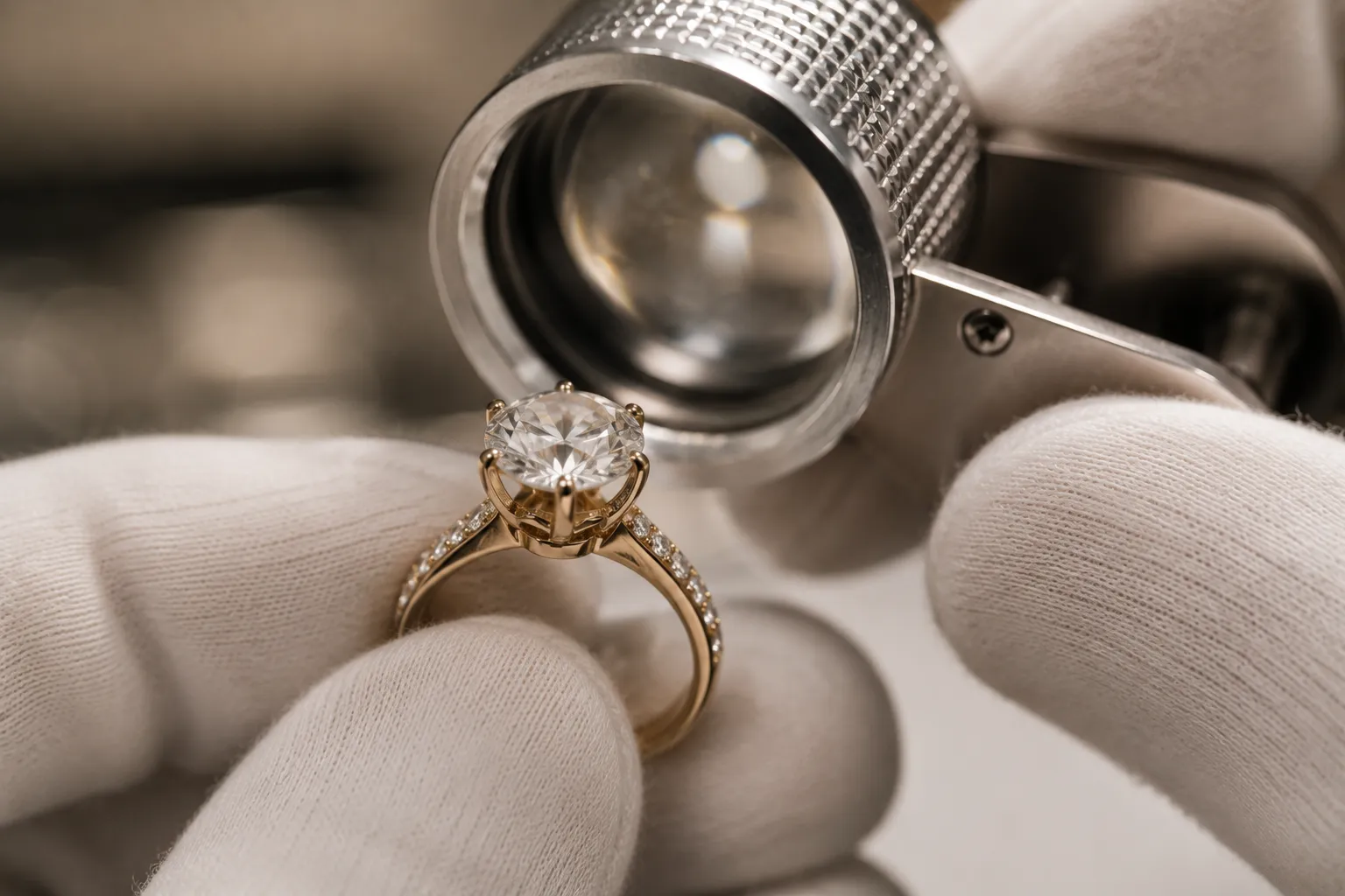 Expert inspecting a finished jewelry piece under magnification
