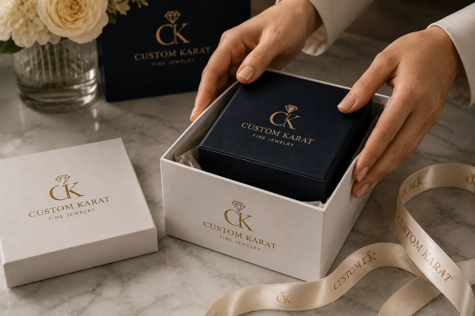 Luxury jewelry box being placed into branded, secure packaging