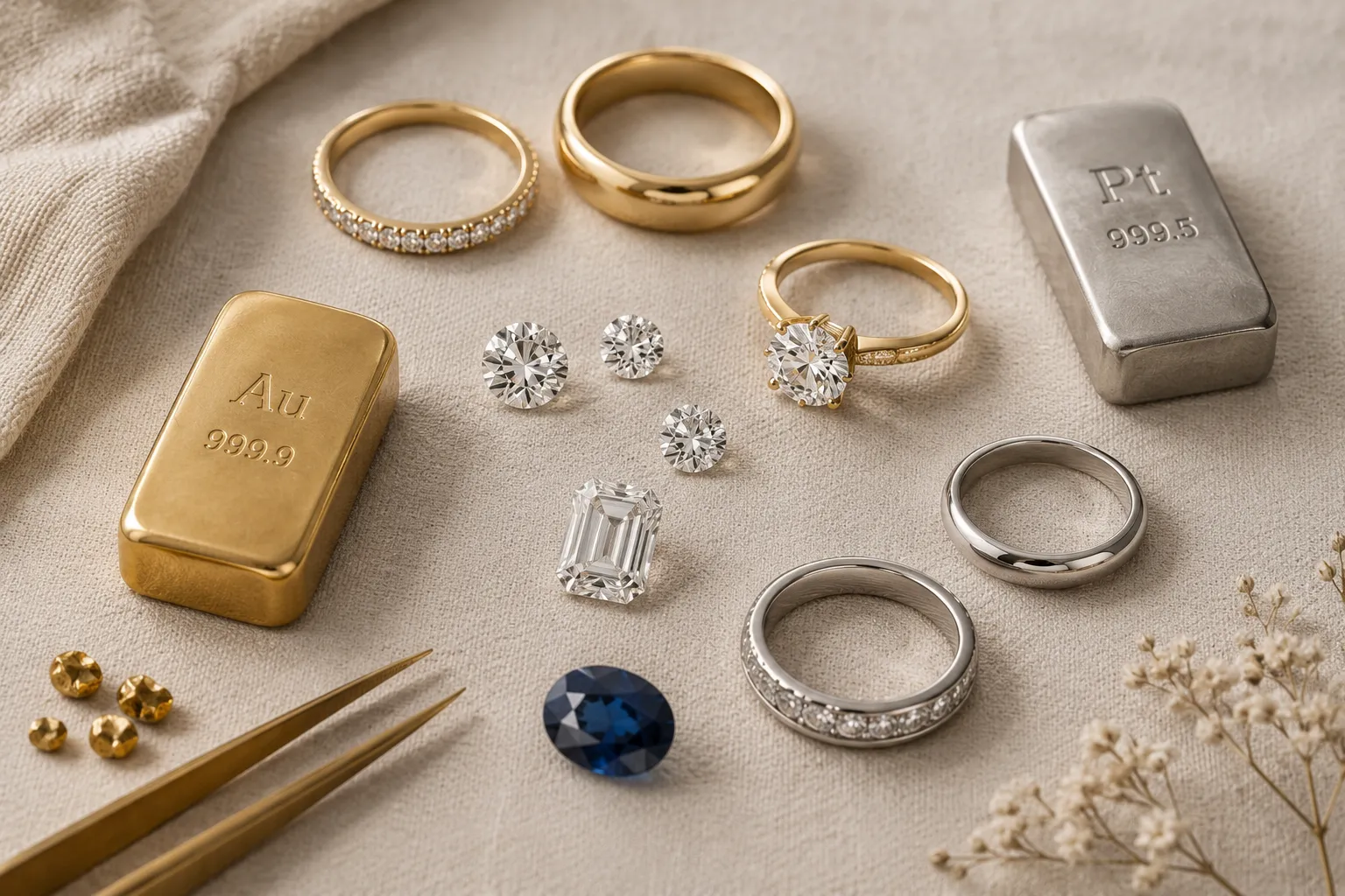 Various precious metals and loose gemstones displayed elegantly