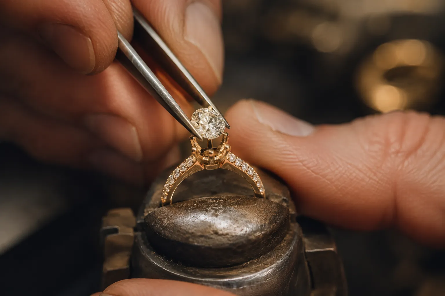 Jeweler's hands carefully setting a diamond into a ring with precision tools